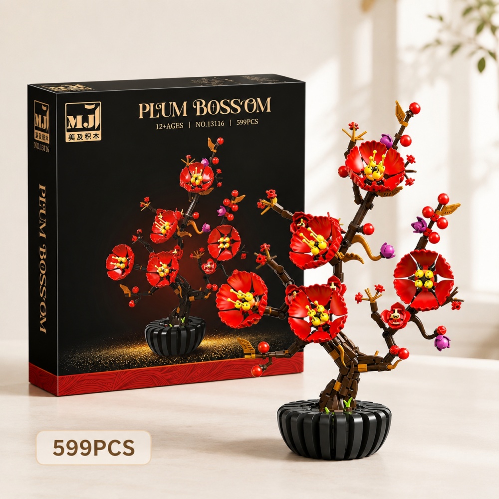 Bonsai Garden Lego - Pflaumenblüten-Bonsai-Bausteine, 599-teiliges Blumenstrauß-Set, detaillierte botanische Pflanzenbausteine,